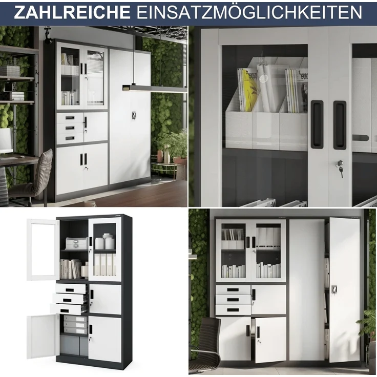 Vitrinenschrank abschließbar GEDO - mit Tresor & Schubladen| Büroschrank aus Stahl Aktenschrank mit Glasfenster Metallschrank Mehrzweckschrank, 185x90x40cm Anthrazit-Weiß – Bild 6