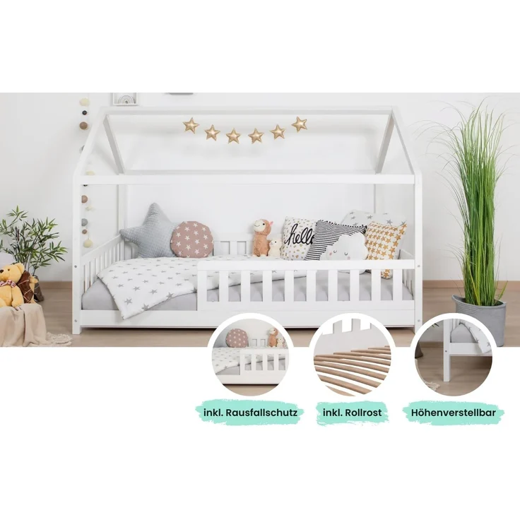 Kinderbett Hausbett "Kay" 120x200 Kiefer massiv weiß – Bild 3