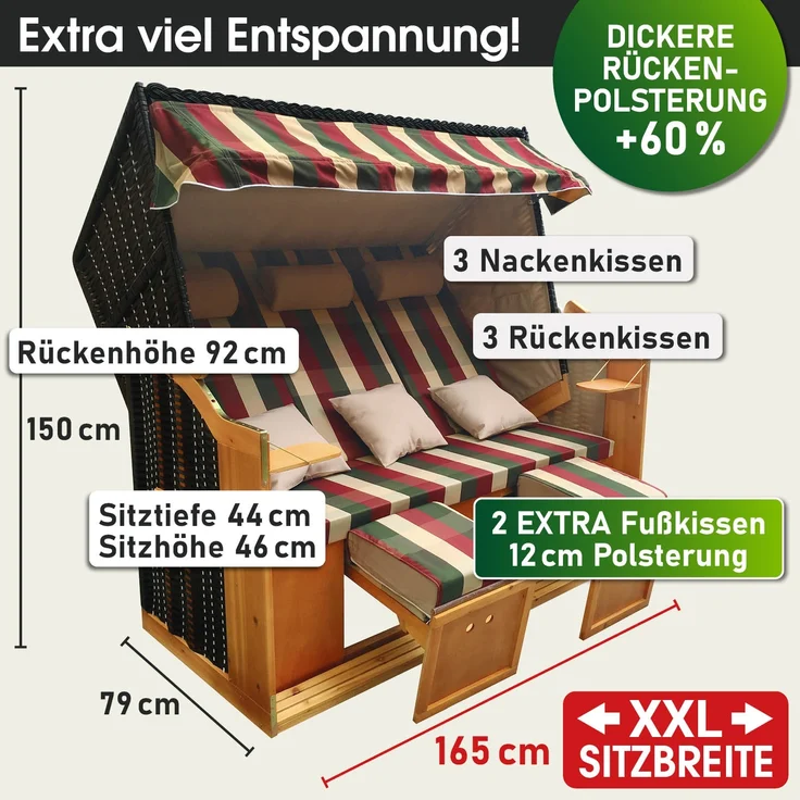 BRAST Strandkorb Usedom 3-Sitzer XXL für 2-3 Personen 165cm breit inkl. wetterfeste Abdeckhaube verstellbare Rückenlehne Fußkissen Rot/Grün/Beige - kariert – Bild 2
