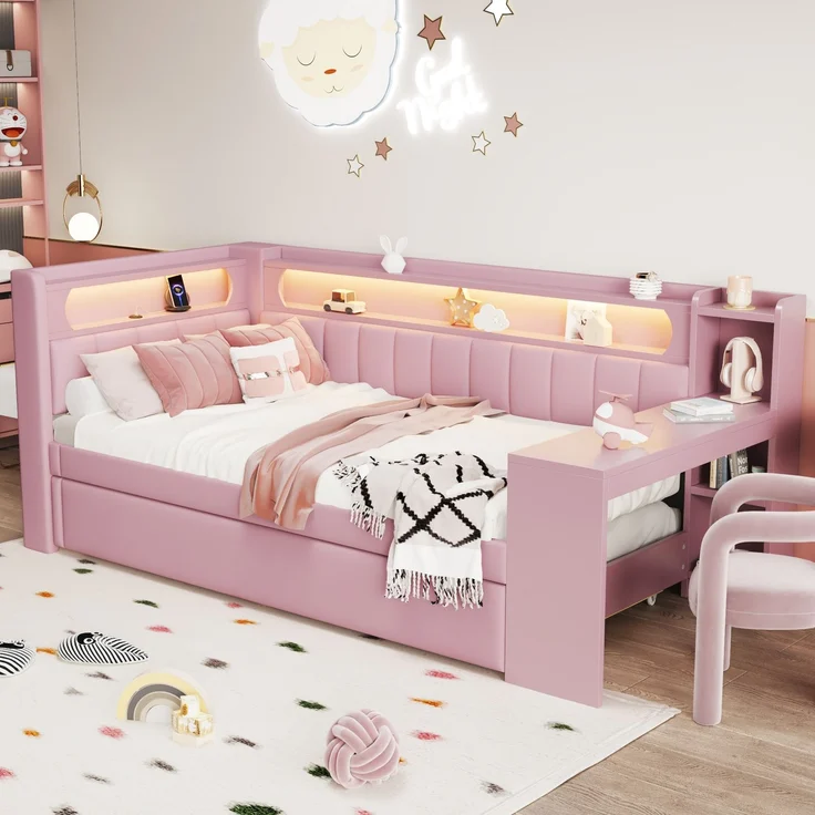 Gepolstertes 90x200 Tagesbett mit USB-Anschlüssen und LED-Gürtel, mit Ausziehbett und Schreibtisch, Rosa – Bild 5