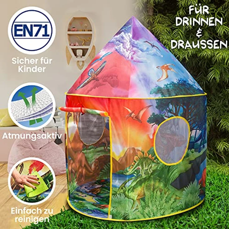 W&O Dinosaurier Spielzelt mit tollen Dinogeräuschen - Pop-Up-Zelt - Kinderzelt für Drinnen und Draußen, Spielhaus für das Kinderzimmer, Zelt Kinderzimmer, Spielzelt für Mädchen und Jungen, Kinder Zelt – Bild 6