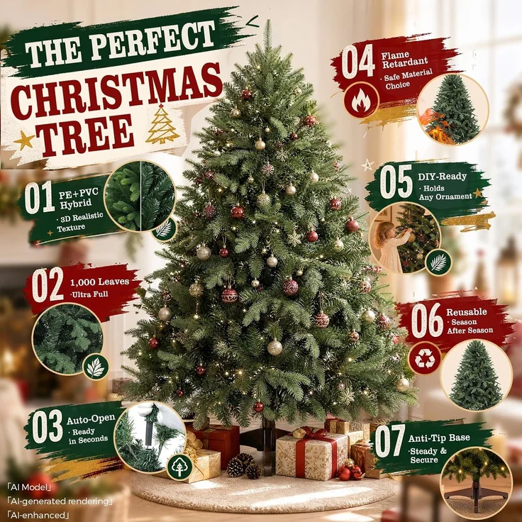 GTPLAYER Künstlicher Weihnachtsbaum 186 cm, schneller Aufbau in 3 Schritten PE+PVC Hybrid, dicht & realistisch, kippsicherer Standfuß, wiederverwendbar, für Wohnzimmer, Zuhause & Büro – Bild 7