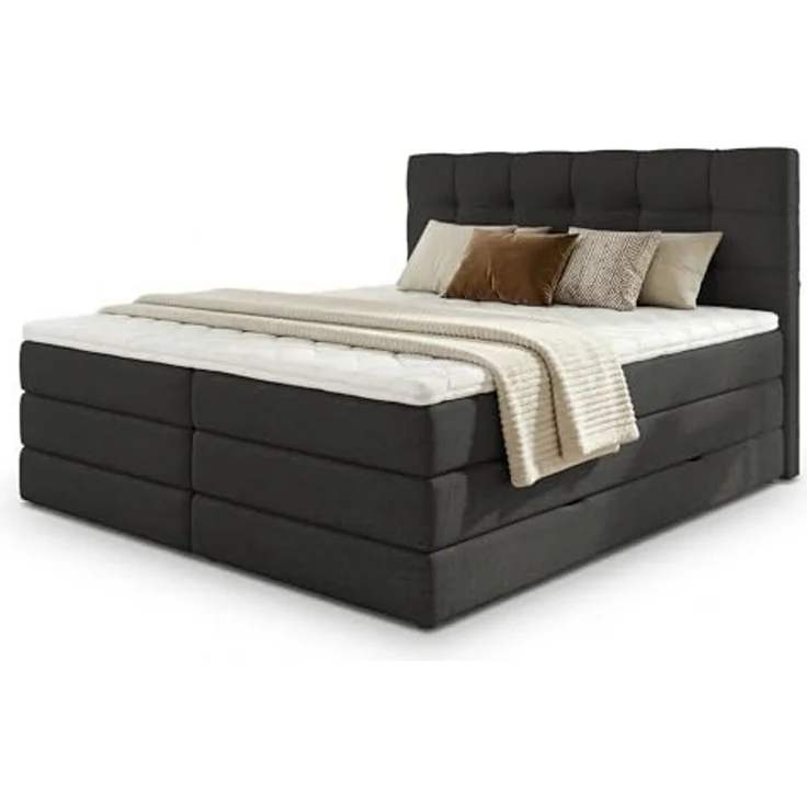 Boxspringbett Best XL mit 2 Bettkästen und Topper, mit Taschenfederkern- und Bonellfederkernmatratze, Doppelbett, Polsterbett aus Webstoff mit Stauraum (Schwarz (Inari 100), 160x200 cm) – Bild 1