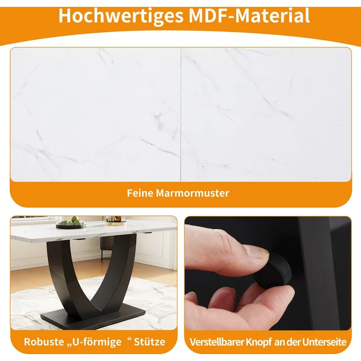 140 x 75.5cm Esstisch,(1-St), moderner Küchentisch, Gestell aus Metall Rechteckiger Esstisch aus Moderner Marmormuster Küchentisch mit verstellbaren Füßen für Esszimmer Wohnzimmer, Weiß/Schwarz – Bild 7