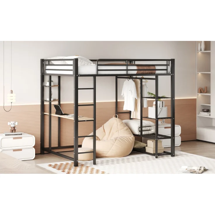 ZUBALIYA Metall-Hochbett mit Leiter 140x200 cm, Juniorbett Doppelbett mit Tisch mit einfachen Kleiderbügeln mit Ablagefächern, Schwarz – Bild 8