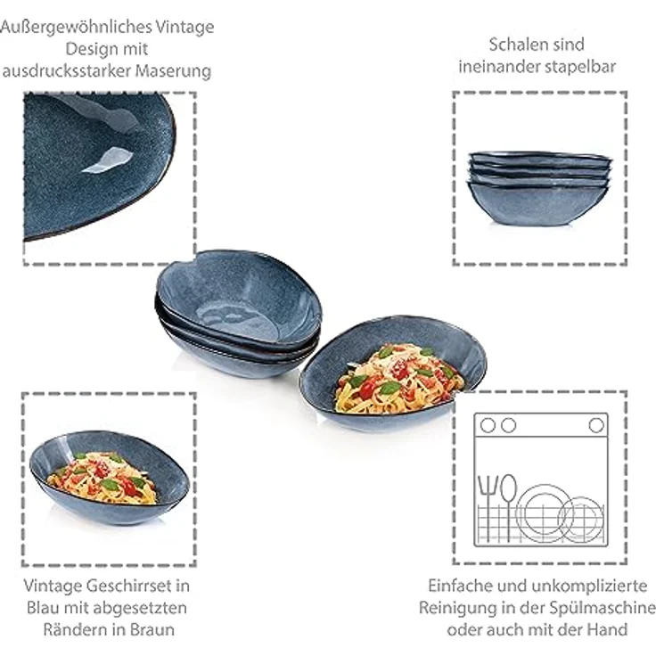 SÄNGER | Pastateller Darwin 4 tlg, Spaghetti Teller 4 Personen, Steingut Geschirr Set für Pasta, Nudelteller Spülmaschinengeeignet, Teller Steingut für Nudelgerichte Blau 1 L | PREMIUM COLLECTION – Bild 4