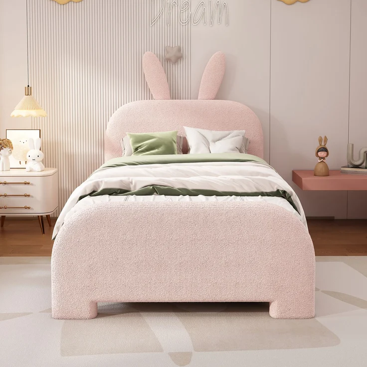 Kinderbett 90x200 Rosa mit Kaninchen-Kopfteil und 2 Schubladen,Gepolstertes Bett aus Lammwolle und MDF, Cartoon Bunny Design – Bild 4