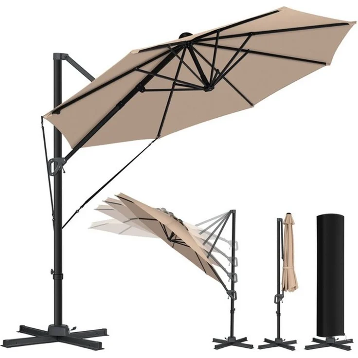 KESSER® Sonnenschirm Ampelschirm SUN Rund XL Ø330 cm Inkl. Abdeckung + Windsicherung 7-Fach Verstellbar Drehbar Neigbar Kippbar Groß 360° Drehbar Gartenschirm mit Kurbel Sonnenschutz UV50+ Taupe, Ohne LED – Bild 4