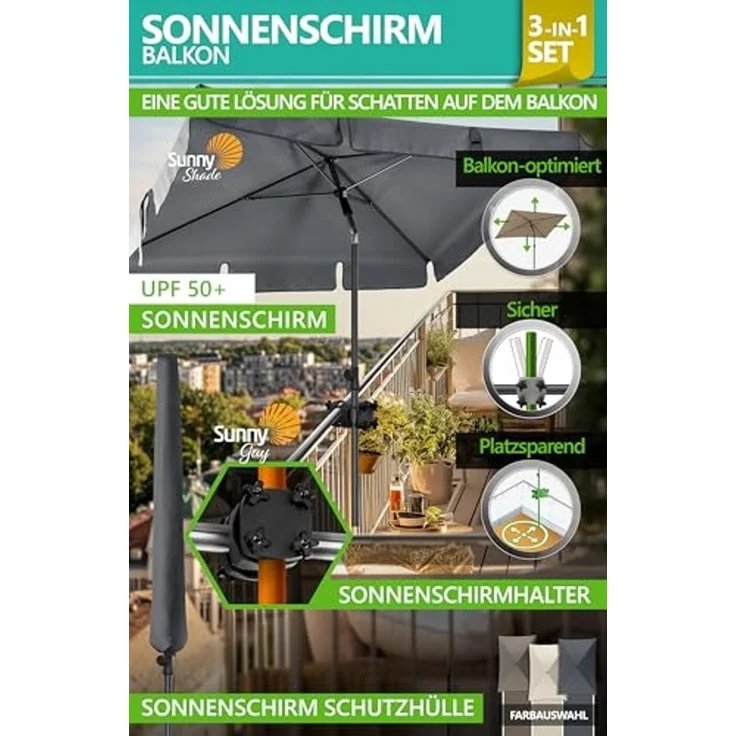 4smile Sonnenschirm Balkon SunnyShade, 200x125 cm, Anthrazit - UPF 50+ Sonnenschirm rechteckig als Sonnenschutz Balkon - SunnyGuy Balkon-Schirm mit Sonnenschirmhalter + Sonnenschirmhülle – Bild 2