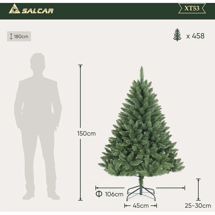 SALCAR 150 cm Künstlicher Weihnachtsbaum, naturgetreuer Tannenbaum mit 458 Spitzen, grüne Nordmanntanne mit Klappsystem, ca. 106 cm übergroßer Baumdurchmesser – Bild 2