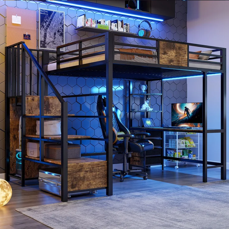 EINHOM Hochbett 140x200 cm, mit Schreibtisch, Ablagefächern, Kleiderstange, LED-Beleuchtung & Steckdose, Schwarz – Bild 1