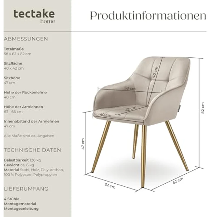 tectake Esszimmerstuhl Polstersessel gepolstert, in Samtoptik, gesteppt, 58 x 62 x 82 cm (Küchenstuhl Marilyn in taupe/gold, 4 St), schlanke, goldene Stahlbeine, bodenschonend, Belastbarkeit 120 kg – Bild 4