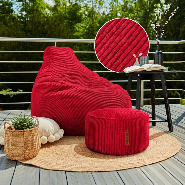 Green Bean® Sitzsack mit Hocker aus Cord - Sitzsäcke für das Wohnzimmer, Schlafzimmer, Sitzsack-Sessel für Erwachsene Rot – Bild 2