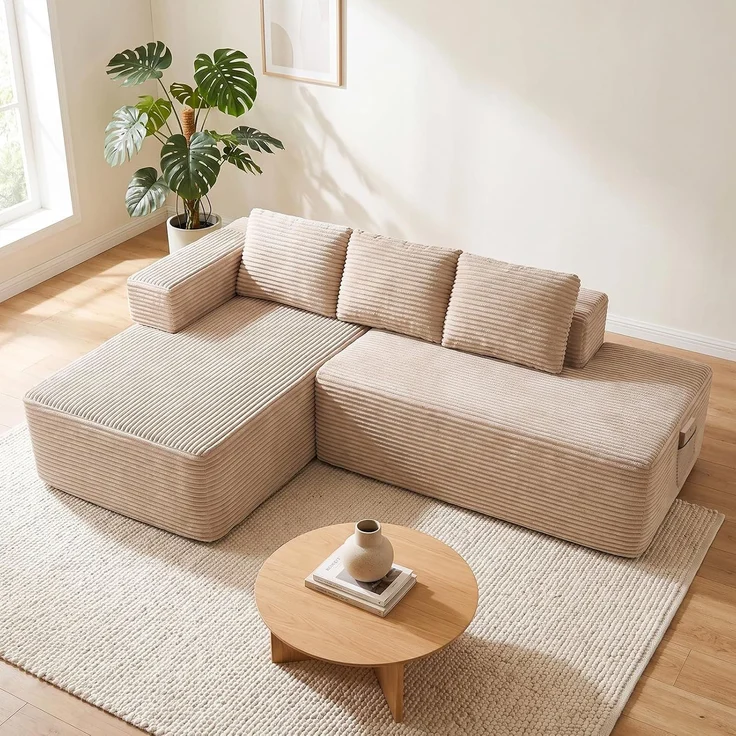 COMHOMA Ecksofa mit Schlaffunktion, 228cm Corduroy Modulares Boneless Couch mit Chaiselongue & Rücken-Metallgestell, L-Form Schlafsofa mit offenem Design, Kissen & Seitentaschen,für Wohnzimmer, Beige-R – Bild 1