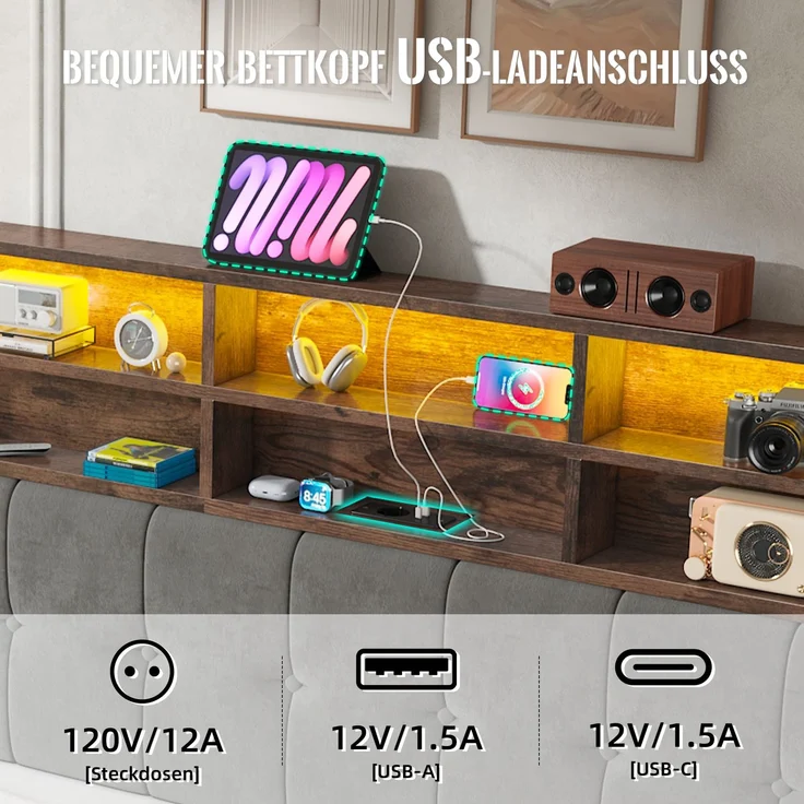 TavilaEcon Polsterbett mit Bettkasten und USB-C-Anschluss grau Liegefläche 180 × 200 cm – Bild 7