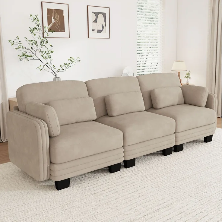 Modulares 3-Sitzer-Sofa 253x88x88 cm in Hellbraun mit Chenillebezug und verschiebbaren Kissen