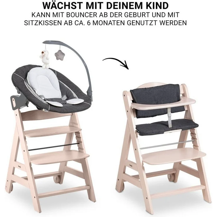 Hauck Hochstuhl Beta Plus Whitewashed Newborn SetWippe Deluxe, Holz Babystuhl ab Geburt mit Neugeborenensufsatz, Sitzkissen, Essbrett – Bild 3