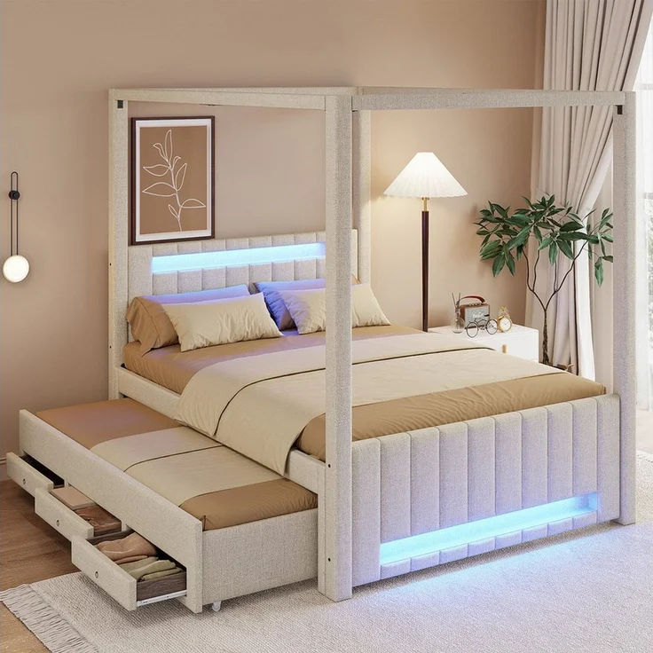 Odikalo Polsterbett 140x200 Himmelbett mit Ausziehbett LED & Schubladen (mit Ausziehbett und drei Schubladen, LED-Beleuchtung) – Bild 5