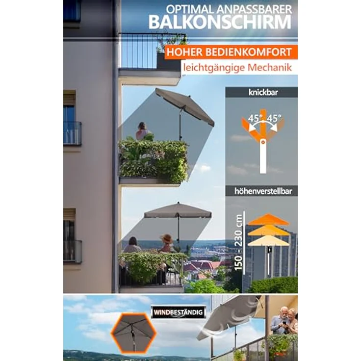 Menz Sonnenschirm Balkon - 3-IN-1 Sonnenschutz Balkon SET in Anthrazit, UPF 50+ Sonnenschirm rechteckig 200x125 cm + Sonnenschirmhalter Balkongeländer + Sonnenschirmhülle – Bild 7