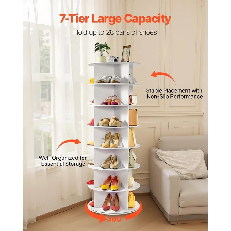 VEVOR Schuhregal Schuhschrank für 28 Paar Schuhe (7-stöckig) 360° drehbar, platzsparende Schuhaufbewahrung, Schuhablage für Schlafzimmer Wohnzimmer Eingangsbereich, Weiß 598 x 598 x 1620 mm – Bild 5