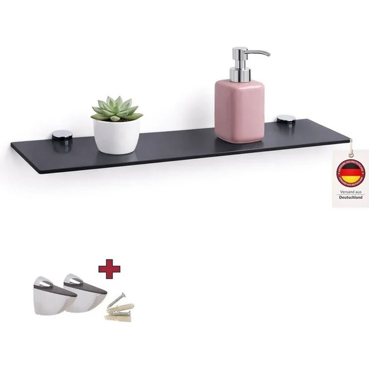 HOOZ Wandregal aus Sicherheitsglas mit Halterung - Schwarz - 40 x 18 x 0,6 cm, 1-tlg, mit geschliffenen Kanten – Bild 1