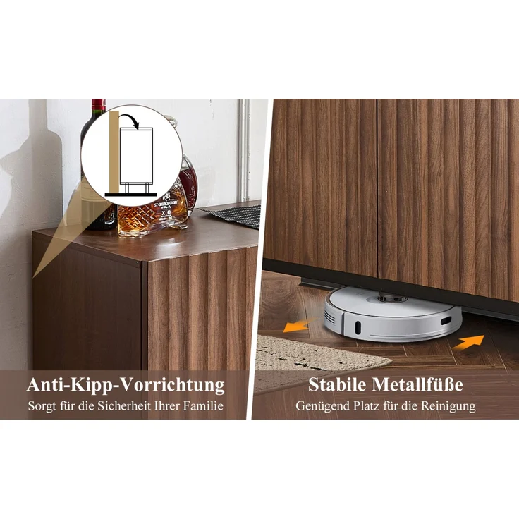 Merax 150x40x80cm Eiche dunkel gemasert, Sideboard, Mid-Century Modern Dekoschrank, 3 Türen, welliges 3D-Design, verstellbare Einlegeböden, Kippsicherung-stilvolle Aufbewahrung für Wohnzimmer, Esszimmer – Bild 6