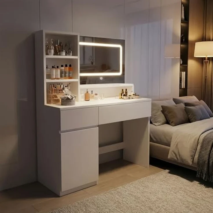 JUMMICO Schminktisch mit Beleuchtung und Spiegel, Weißer Kleiner Schminktisch mit Schubladen & LED-Spiegel, Moderner Frisiertisch mit Stauraum für Make-up, 90 x 58 cm – Bild 7