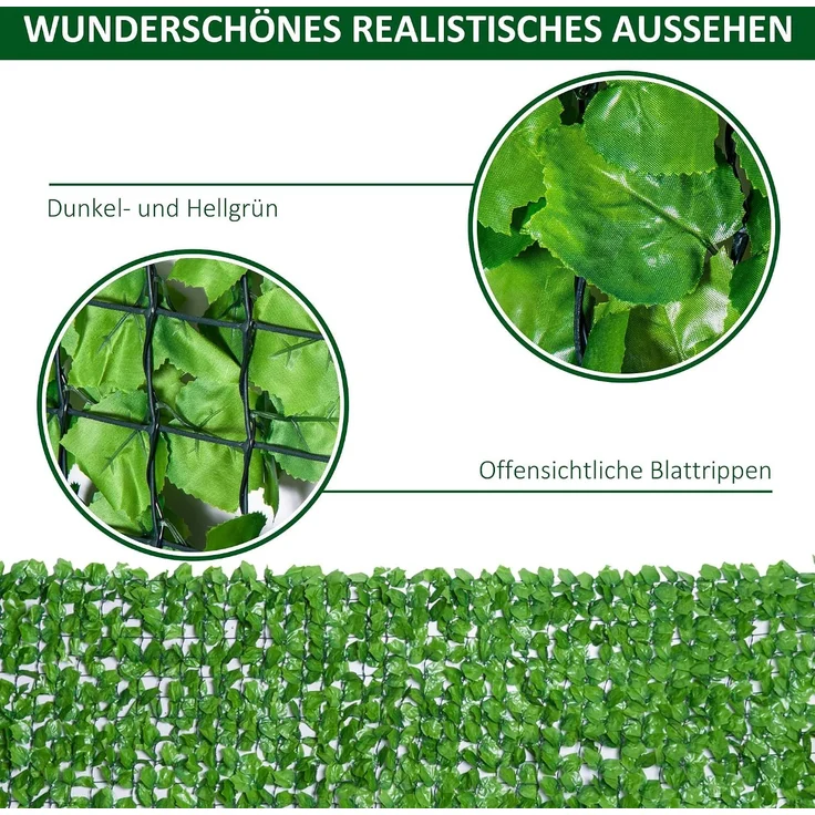 Outsunny Künstlicher Hecken Sichtschutz, UV Geschützt Sichtschutz, Grün Balkon Sichtschutze, Zaun Sichtschutzgitter mit Blättern, Hecken Zaun, WandKünstliche 300x150 cm für Garten Hochzeit – Bild 5