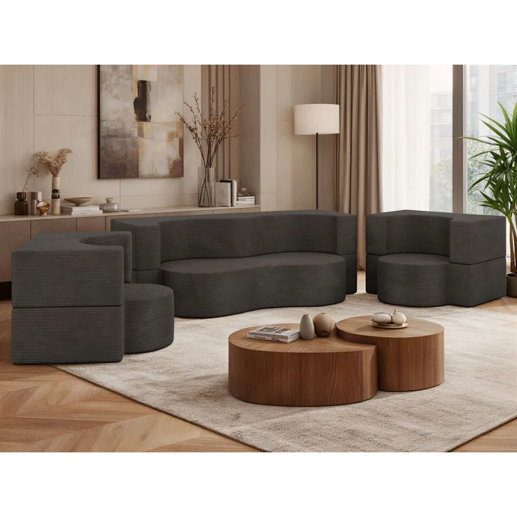 Polstermöbel-Set SANOA, Sofa mit 2 Sesseln, Schlaffunktion, Ausklappbares Sofa, 3-teiliges, Schaumstoffkern - Dunkelgrau Schmaler Cord – Bild 1