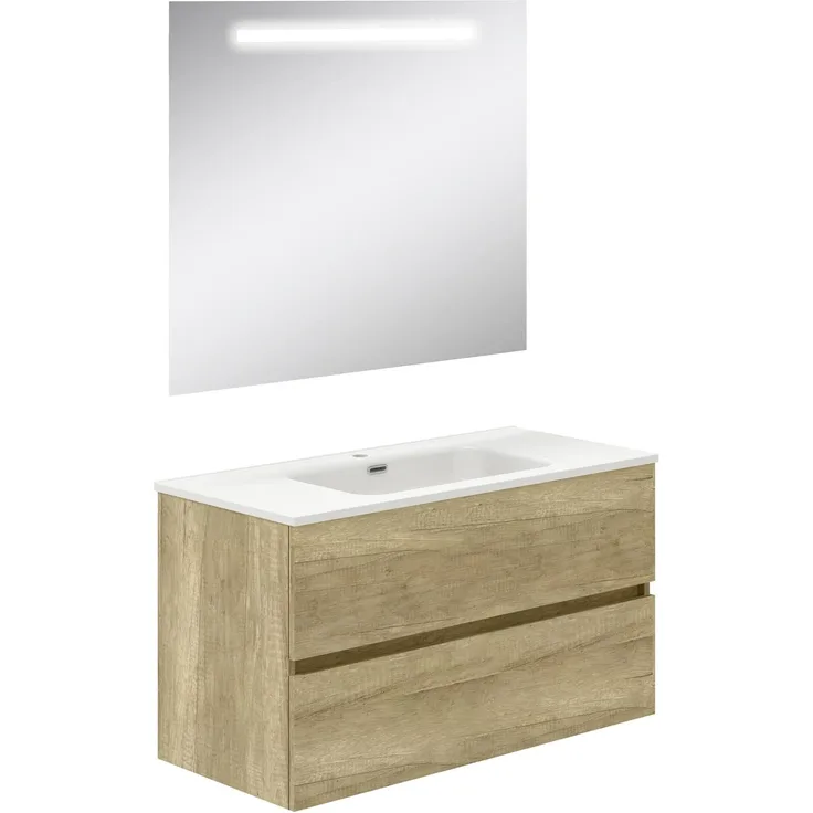 Baikal Badezimmerschrank, Zwei Schubladen, Wandmontage, mit Waschbecken, Melamin 16, montiert, Möbel 100 cm, Natur, mit Spiegel mit LED-Licht