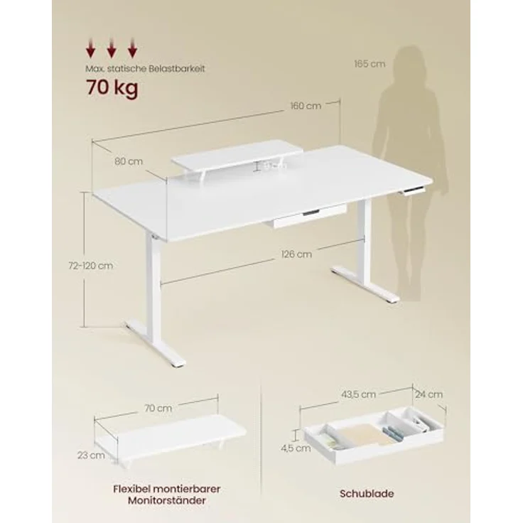 VASAGLE Höhenverstellbarer Schreibtisch, 160x80 cm, flexibel montierbarer Monitorständer, Schublade, USB-C-Anschluss, Erinnerung bei langem Sitzen, für Büro, wolkenweiß LSD156WB01 – Bild 8