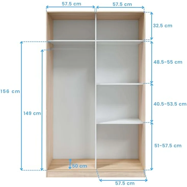 Habitdesign, Kleiderschrank mit 2 Schiebetüren – moderner Schwebetürenschrank für Schlafzimmer oder Jugendzimmer in Eiche Nodi, viel Stauraum, Maße: 120 x 200 x 50 cm (B x H x T), Modell Enzo – Bild 9