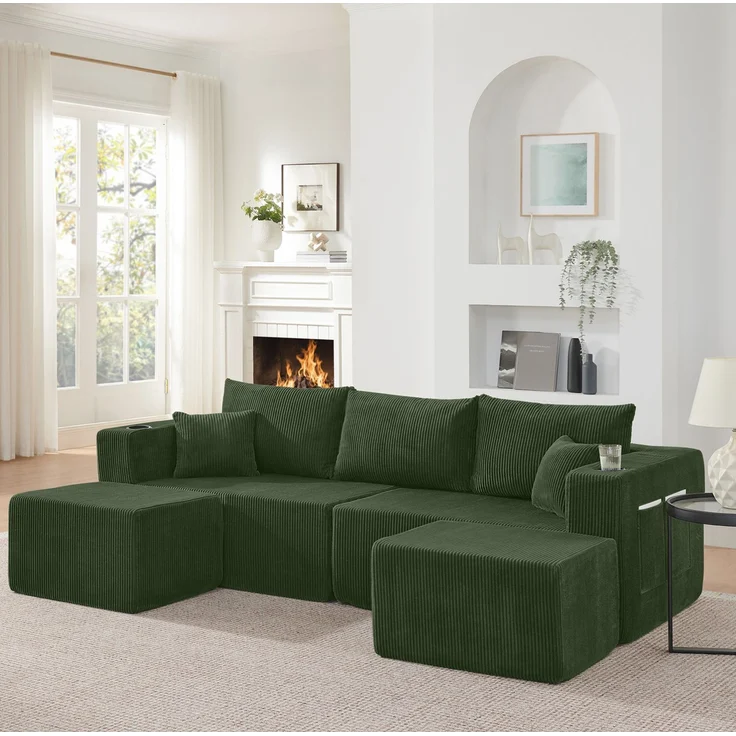 Ecksofa 3-Sitzer aus Cordstoff mit beweglichen Ottomanen, Getränkehaltern & Seitentaschen, 230×138×75 cm, Grün – Bild 1