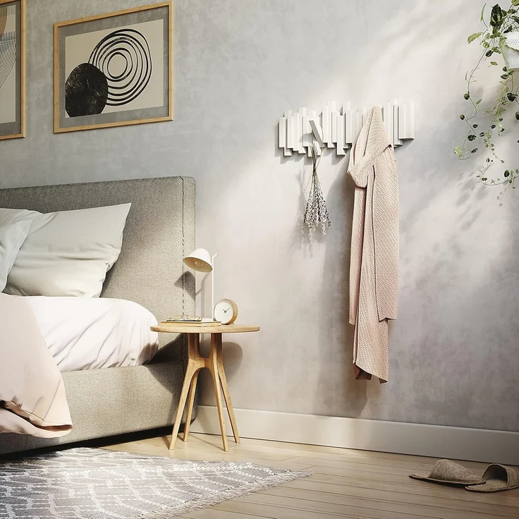 Umbra Stäbchen Garderobenhaken – Moderne und Platzsparende Garderobenleiste mit 5 Beweglichen Haken für Jacken, Mäntel, Schals, Handtaschen und Mehr, Weiss – Bild 9
