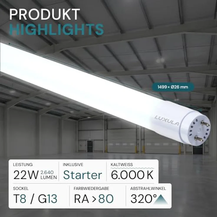 LUXULA LED Röhre 150cm - Kunststoff T8 G13 Sockel - 22W 2640lm - 6000K Kaltweiß - inkl. Starter-Brücke - Röhrenlampe Leuchstoffröhre Neonröhre – Bild 3