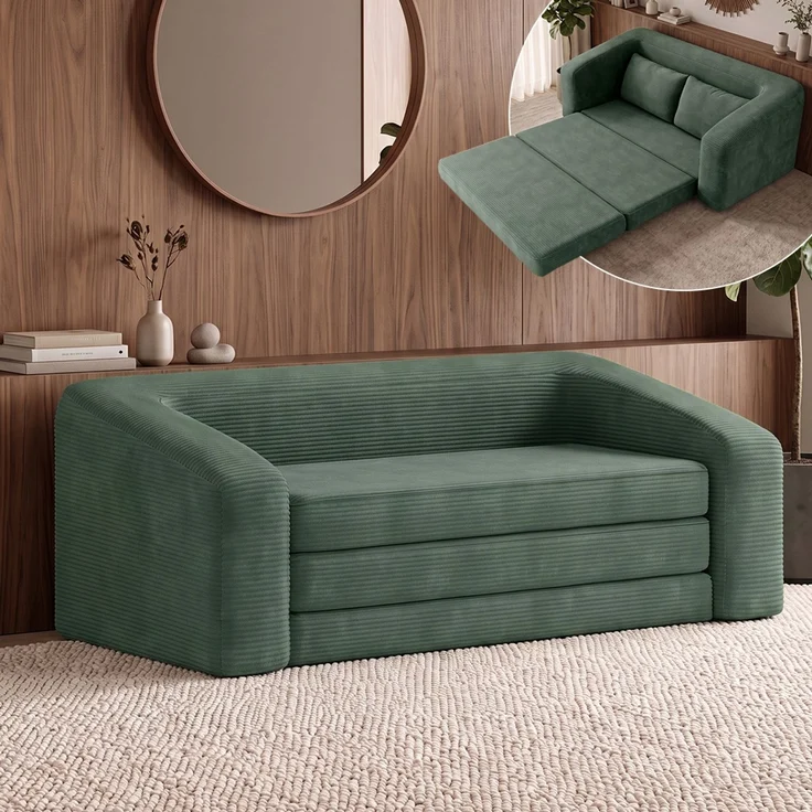 skølm 'Fjäll' Schlafsofa 2 Sitzer mit 2 Kissen, dunkelgrün, Cordsofa ausklappbar, mit Liegefunktion, vakuumverpackt ohne Aufbau – Bild 1