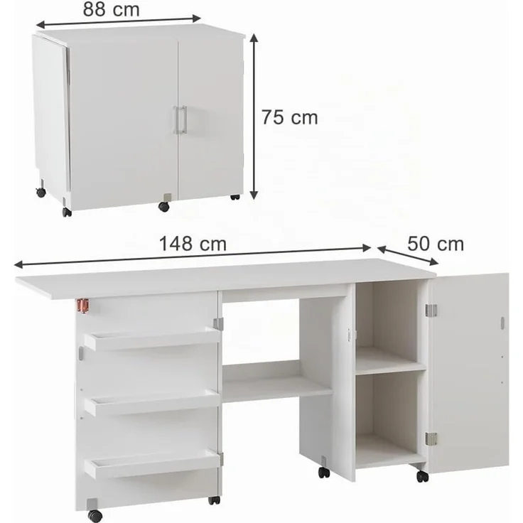 Nähtisch Carmen Weiß 148 x 75 cm mit 3 Regalfächer und Schrank Vicco – Bild 3