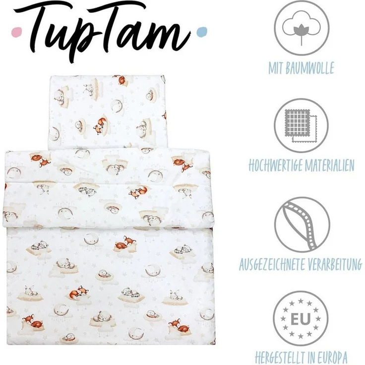TupTam Kinderbettdecke-Set, Ganzjahresdecke, 2tlg., 1x Bettdecke, 1x Flachkissen, Schlafende Baby Tiere / Beige, 135x100 cm