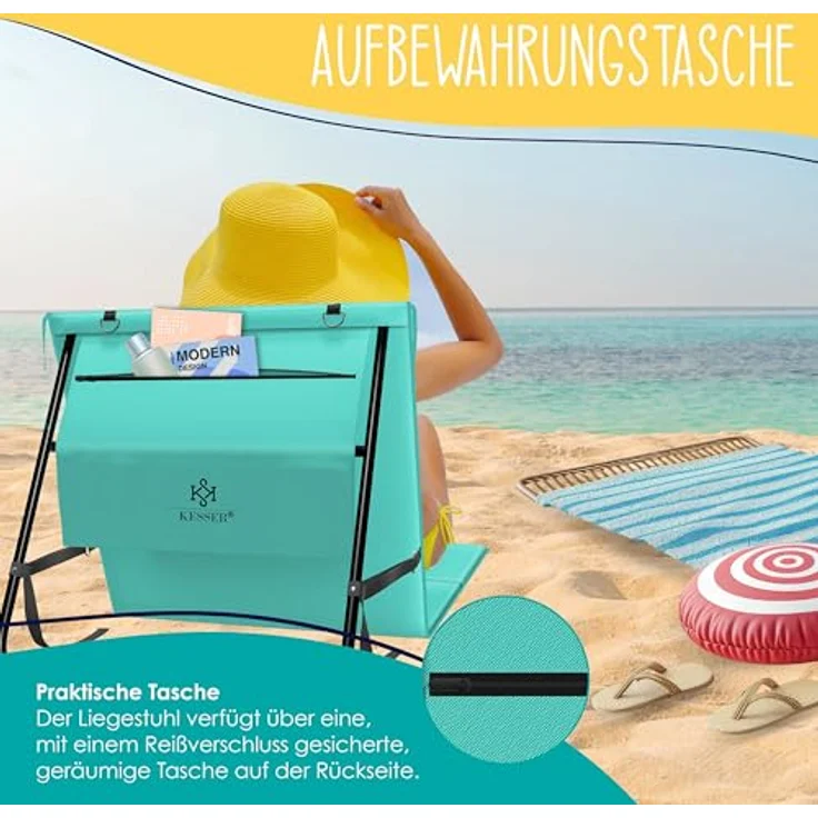 KESSER® Strandmatte klappbar mit verstellbarer Rückenlehne, Strandliege faltbar mit Tragegurt, wasserdichter Handyhülle & Aufbewahrungstasche, Sonnenliege für Strand Garten Terrasse, Liegematte 130Kg Blau, 2er Set – Bild 6