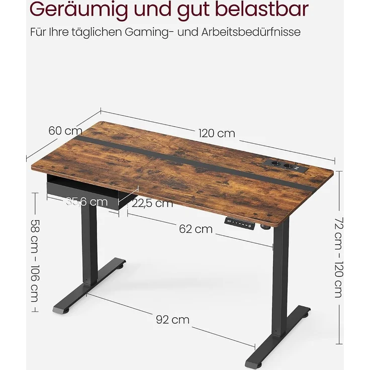Vasagle Höhenverstellbarer Schreibtisch elektrisch, mit Steckdose und Schublade, stufenlos verstellbar, Memory-Funktion mit 4 Höhen, vintagebraun-schwarz, Tischoberfläche 60x120 cm – Bild 8