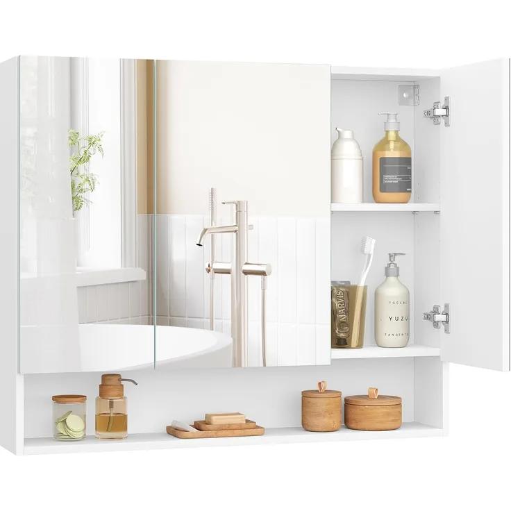 Vasagle Badezimmerschrank mit 3 Türen, Spiegelschrank, Badschrank, offenes Fach, verstellbare Ablagen, 16,5 x 90 x 75 cm