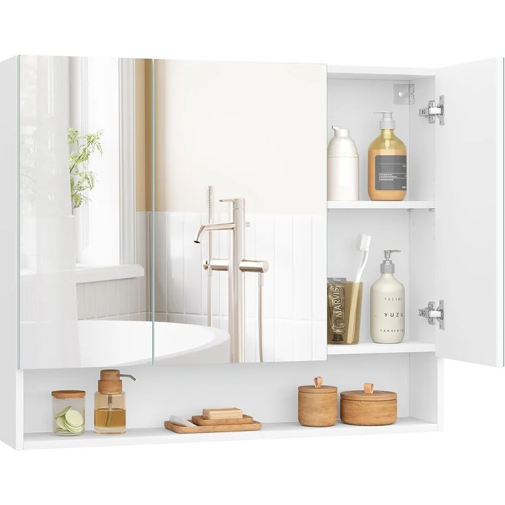 Vasagle Badezimmerschrank mit 3 Türen, Spiegelschrank, Badschrank, offenes Fach, verstellbare Ablagen, 16,5 x 90 x 75 cm