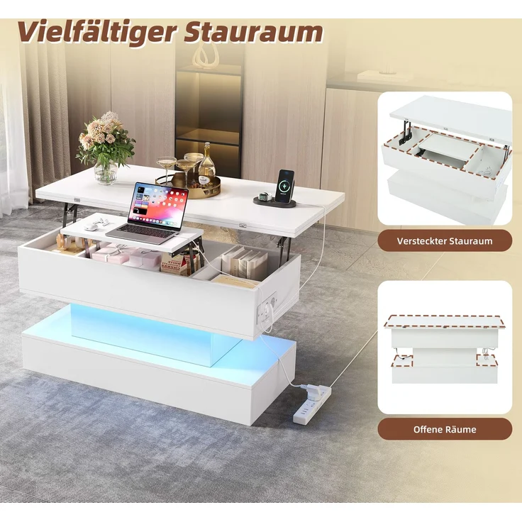 Couchtisch Weiß mit Hebefunktion, 100 x 50 x 51,5 cm, ausziehbar,LED-Licht steuerbar per App, USB- und Typ-C-Steckdose – Bild 8