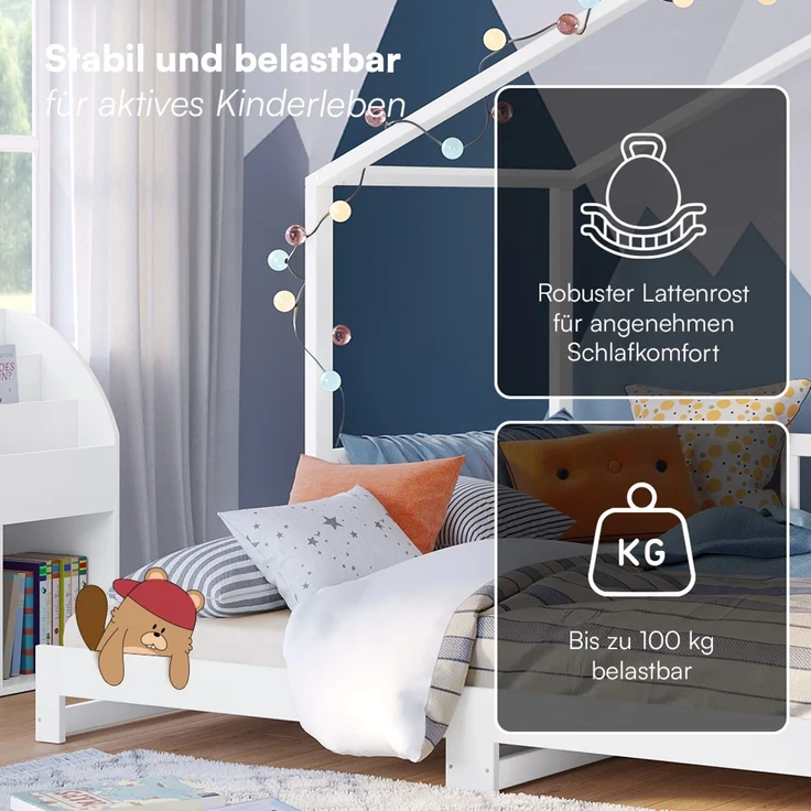 Bellabino 'Bia' Hausbett 90x200 cm/180x200 cm mit 2x 90x200 cm Matratze, weiß, Kiefer Massivholz, Bodenbett in Hausoptik, ausziehbares Kinderbett mit Lattenrost – Bild 8