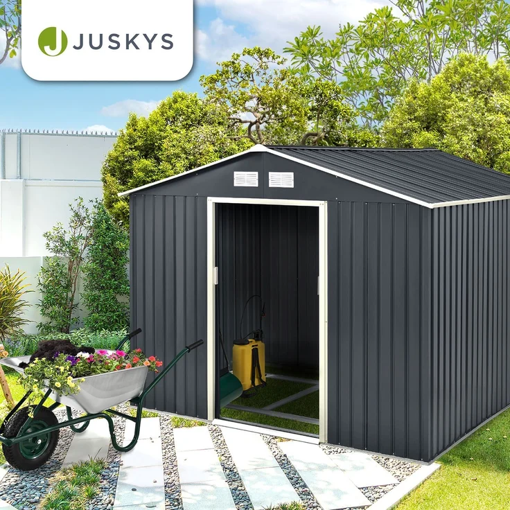Juskys Metall Gerätehaus XXL mit Satteldach, Schiebetür & Fundament, anthrazit, 15m³ | 277×319×192 cm – Bild 7
