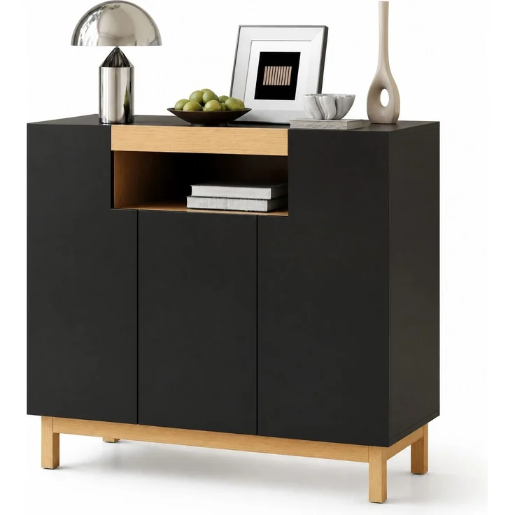 DESVIAE Sideboard mit 3 Türen und offenem Fach 120,5x96x42 cm Spanplatte Schwarz – Bild 7