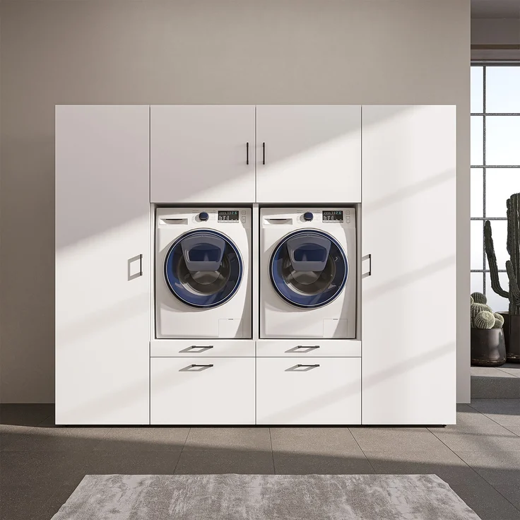 Roomart Waschmaschinenschrank SERIE-III Schrankwand 254 cm – 2 Geräte, Soft-Close | • Weiß – Bild 3