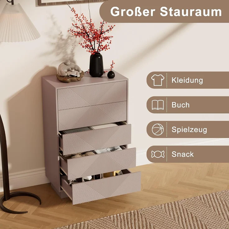 UEV Kommode mit 5 Schubladen, Kommodenschrank Sideboard schmal (Moka), Sideboard Schubladenschrank Push to Open, Mehrzweckschrank für Wohnzimmer Schlafzimmer Flur Büro 60x33,5x94cm--Mokka--60x33.5x94cm--YOUDENOVA – Bild 4