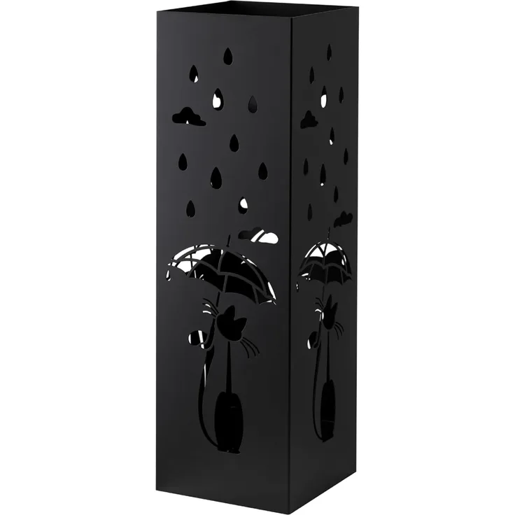 Baroni Home Schirmständer in modernem Design aus Metall mit Cat and Rain-Schnitzerei - Schwarz Schirmständer mit Haken und herausnehmbarer Auffangschale für Heim- und Bürodekoration 15,5 x 15 x 49 cm