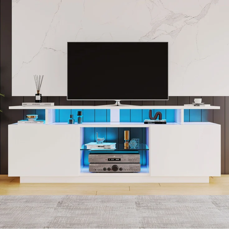 DESVIAE TV-Schrank mit 2 Türen und LED-Beleuchtung 140x55x35 cm Spanplatte Weiß – Bild 9